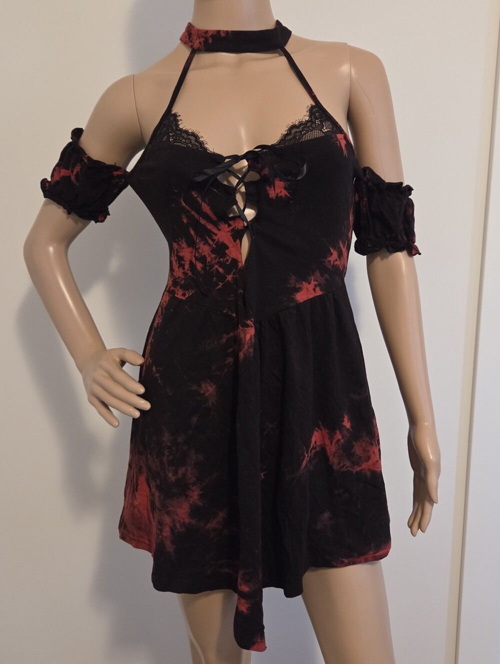 Dark In Love Off Shoulder Bleach Dye Choker Mini Dress